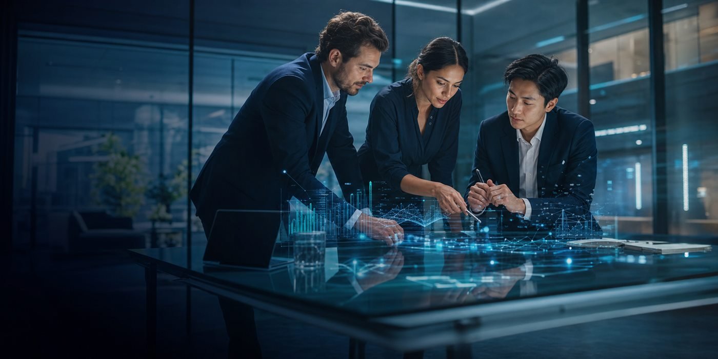 Technology specialists collaborating around a data workspace